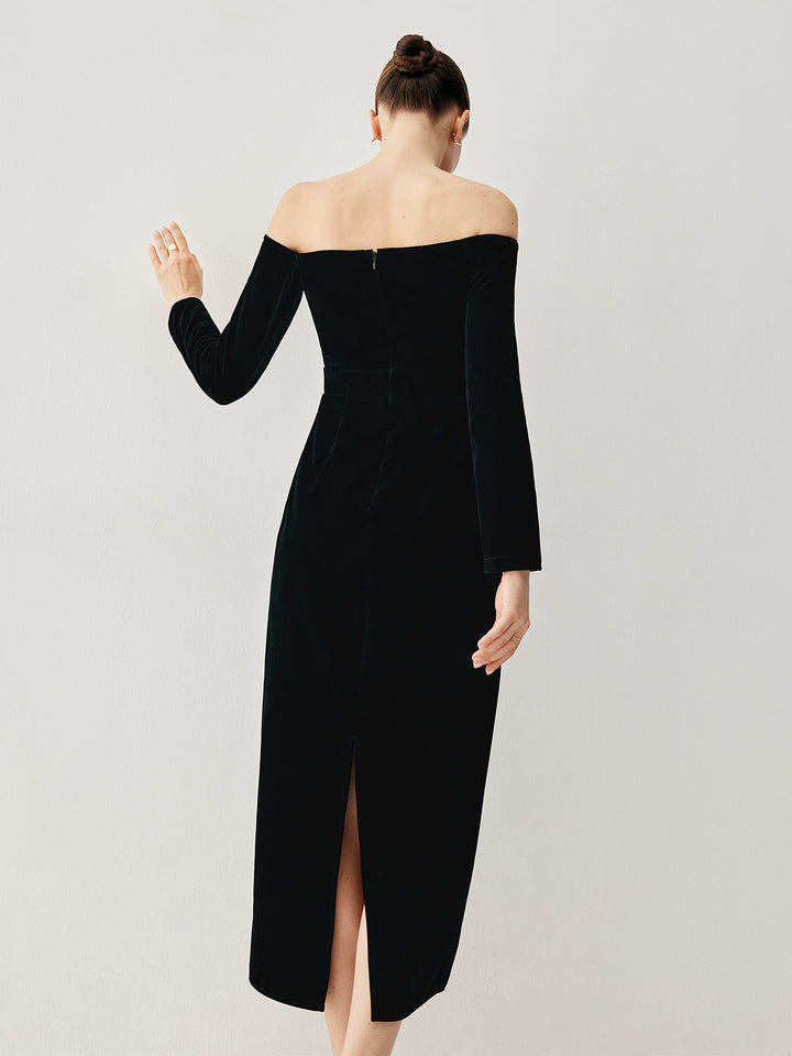 Samt schulterfreies Patchwork-Kleid mit Schlitz, knielang