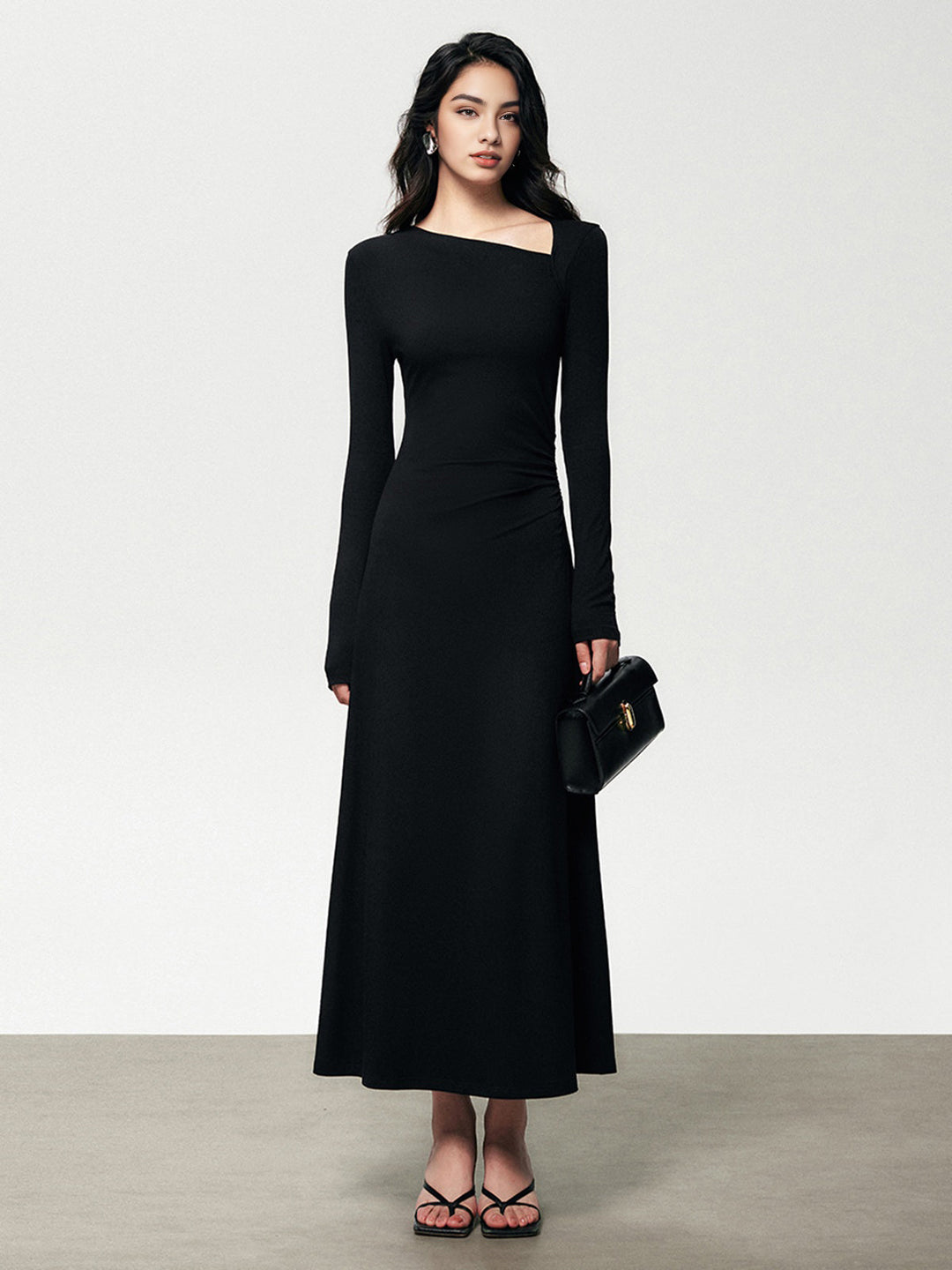 Rippstrick Asymmetrisches Langarm Bodycon Maxikleid