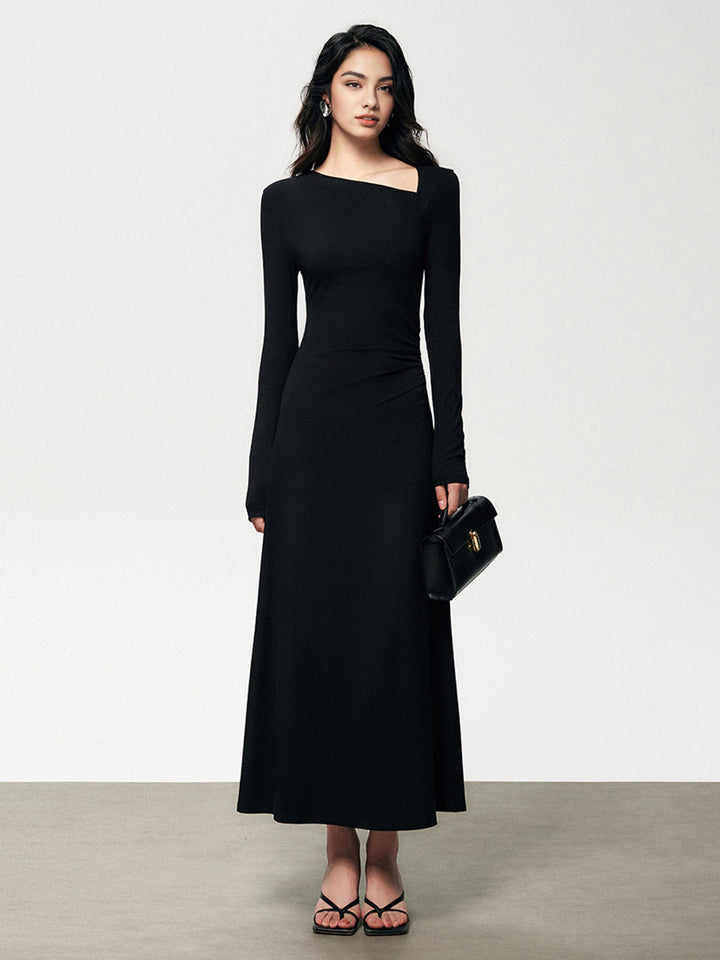 Rippstrick Asymmetrisches Langarm Bodycon Maxikleid