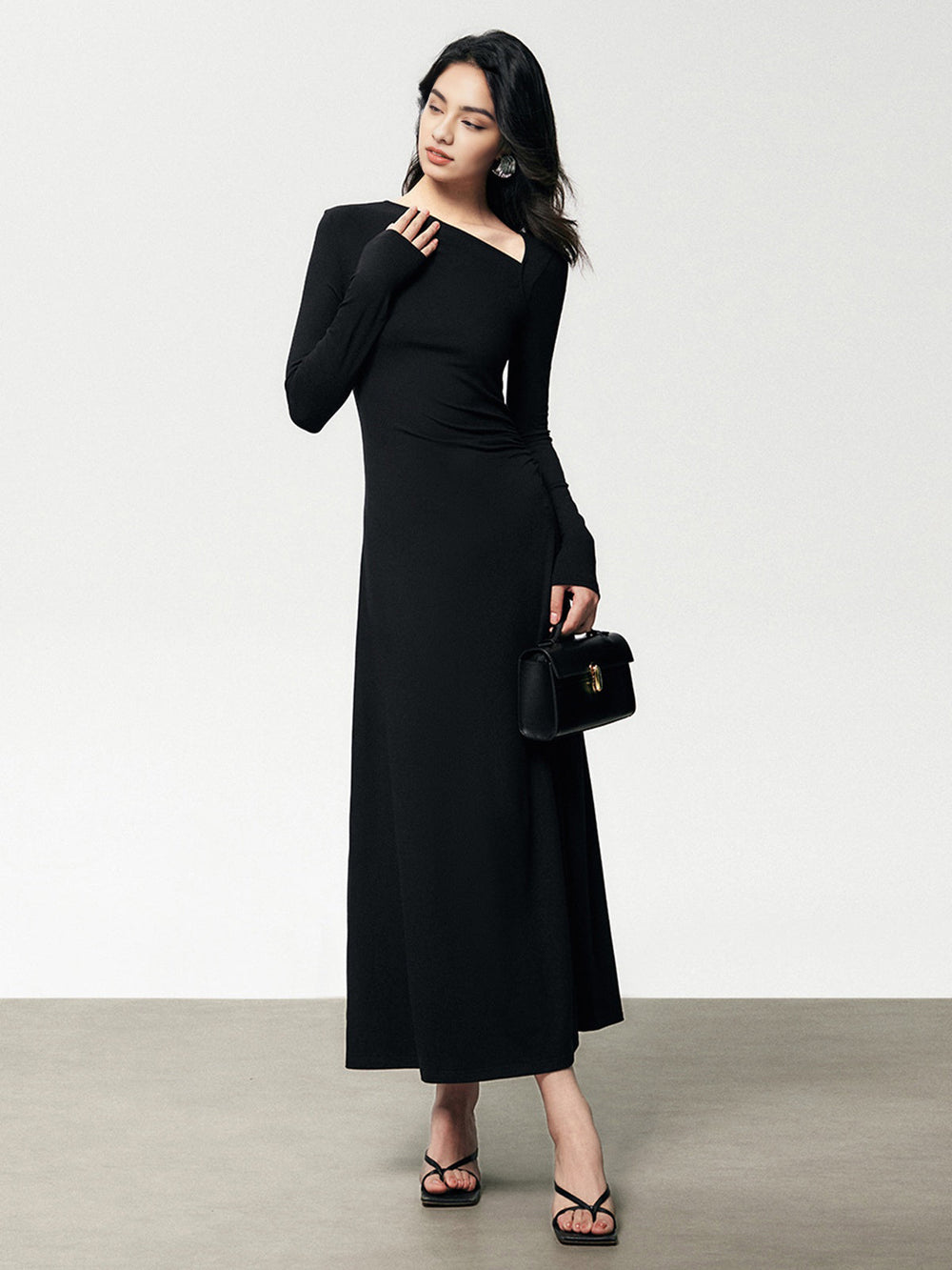 Rippstrick Asymmetrisches Langarm Bodycon Maxikleid