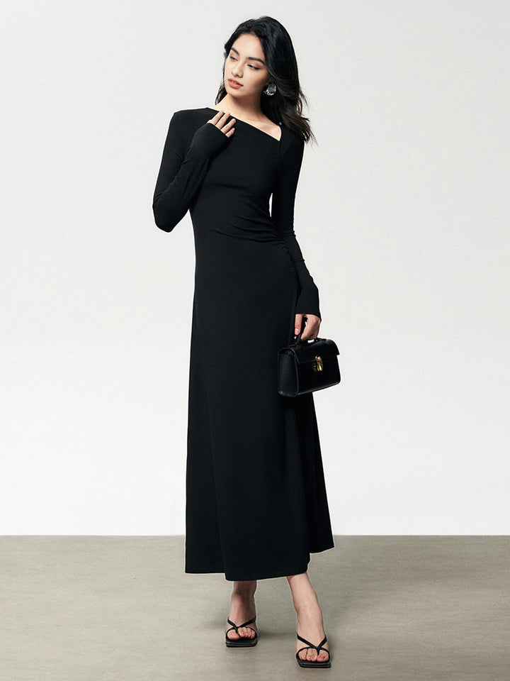 Rippstrick Asymmetrisches Langarm Bodycon Maxikleid