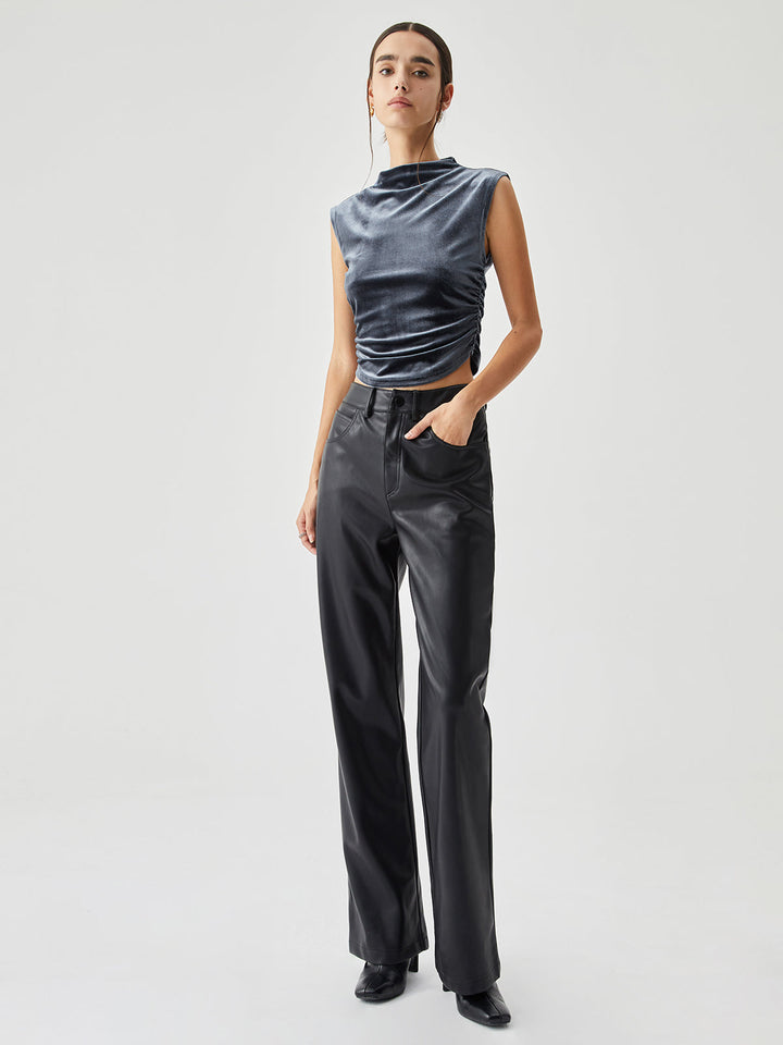 Samt-Drapierte-Mock-Neck-Ärmelloses-Crop-Top