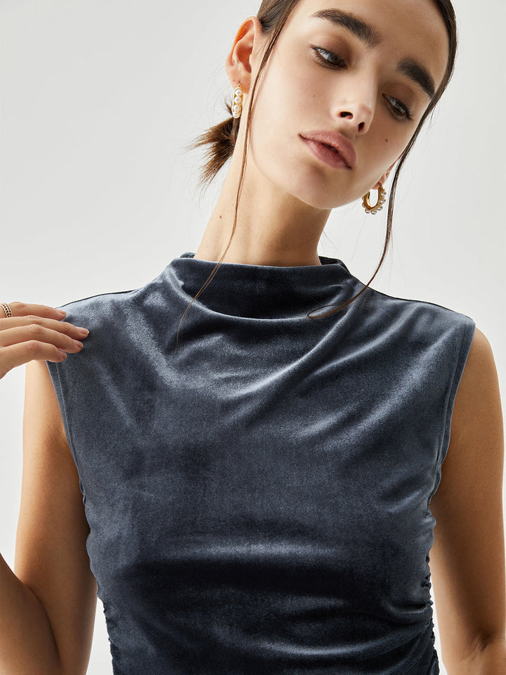 Samt-Drapierte-Mock-Neck-Ärmelloses-Crop-Top