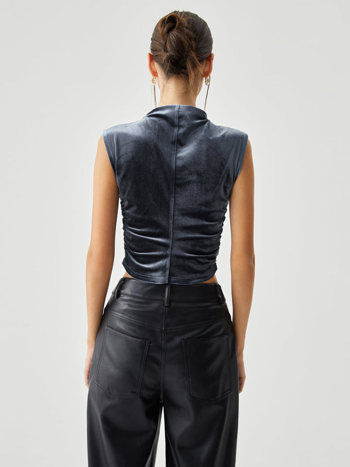 Samt-Drapierte-Mock-Neck-Ärmelloses-Crop-Top