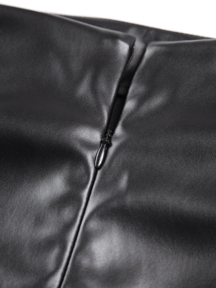 Faux Leather Ruched Slit Midi Rock