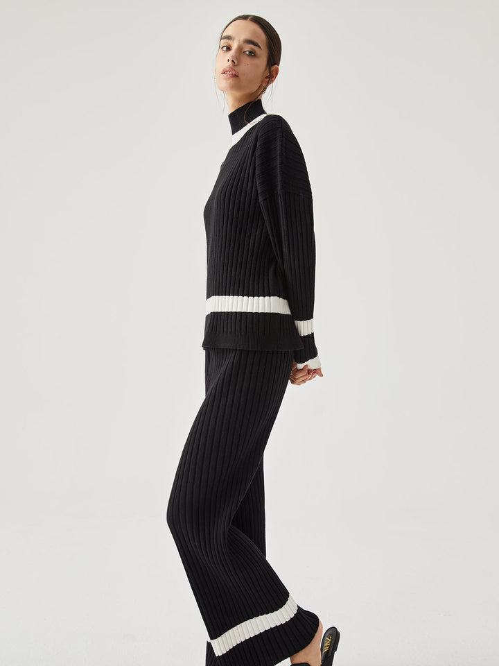 Gerippte Strickhose mit Kontrastbesatz