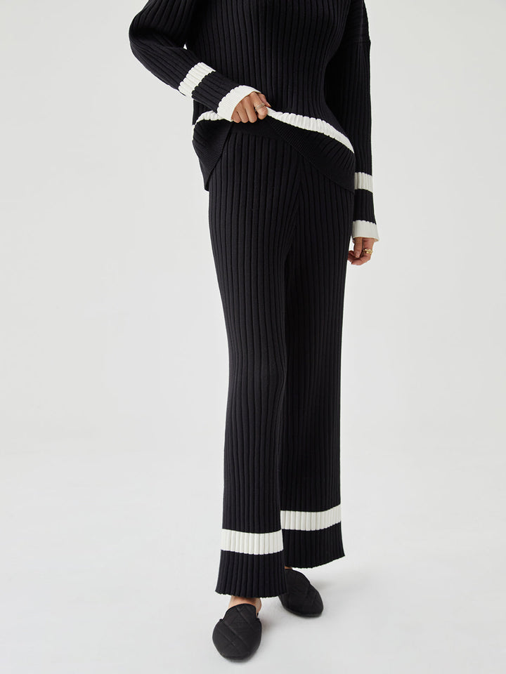 Gerippte Strickhose mit Kontrastbesatz