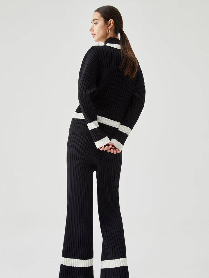 Gerippte Strickhose mit Kontrastbesatz