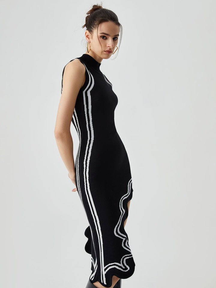 Strick asymmetrisches Kleid mit Kontrastbesatz und Stehkragen, Midi