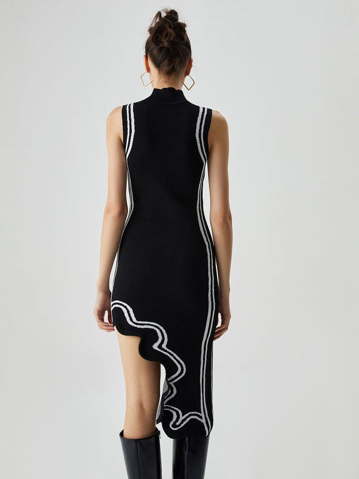 Strick asymmetrisches Kleid mit Kontrastbesatz und Stehkragen, Midi