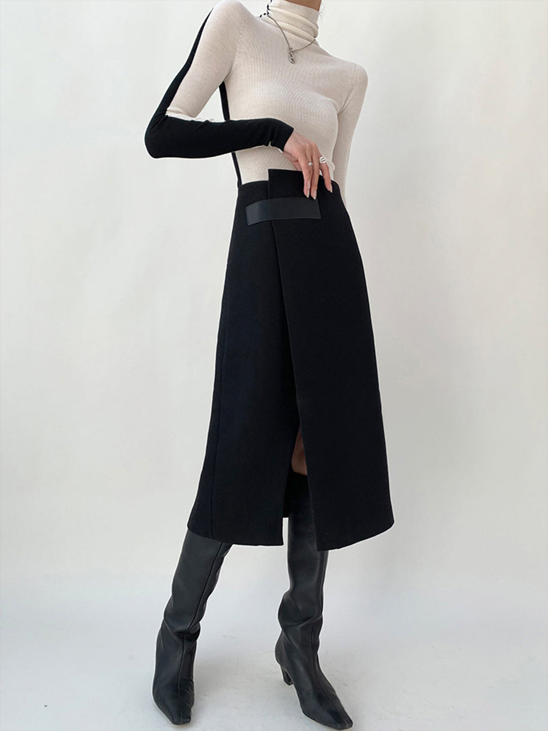 High Waist Tweed Asymmetric Wrap Midi Rock