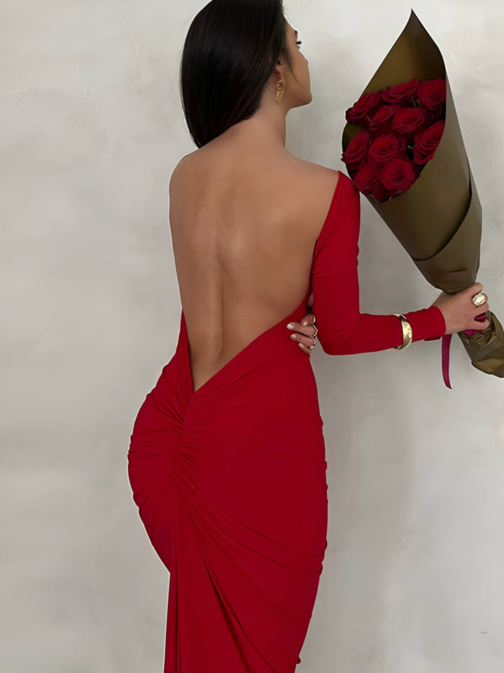 Gerüschtes Maxikleid mit tiefem Rücken und langen Ärmeln