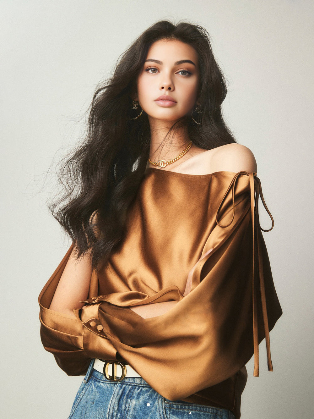 Satin Asymmetrische Cold Shoulder Gebundene Bluse