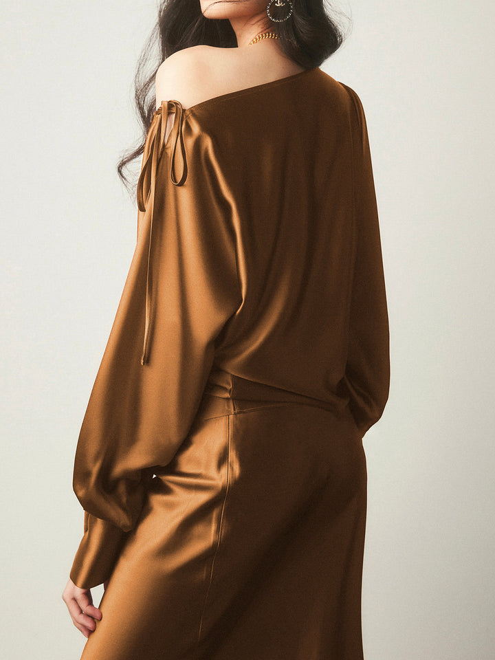 Satin Asymmetrische Cold Shoulder Gebundene Bluse