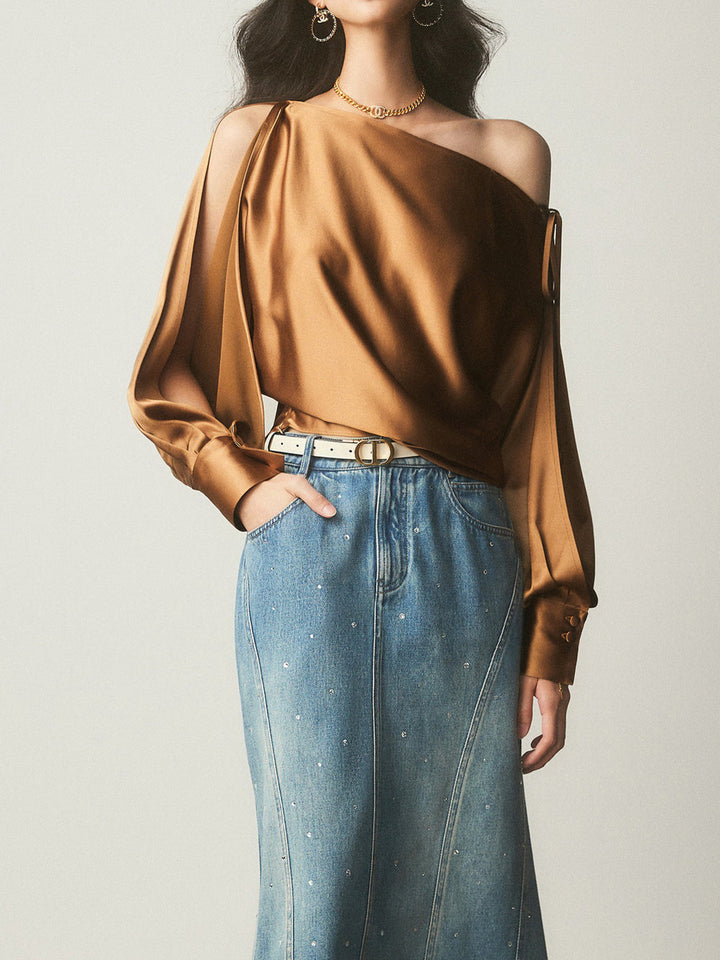 Satin Asymmetrische Cold Shoulder Gebundene Bluse