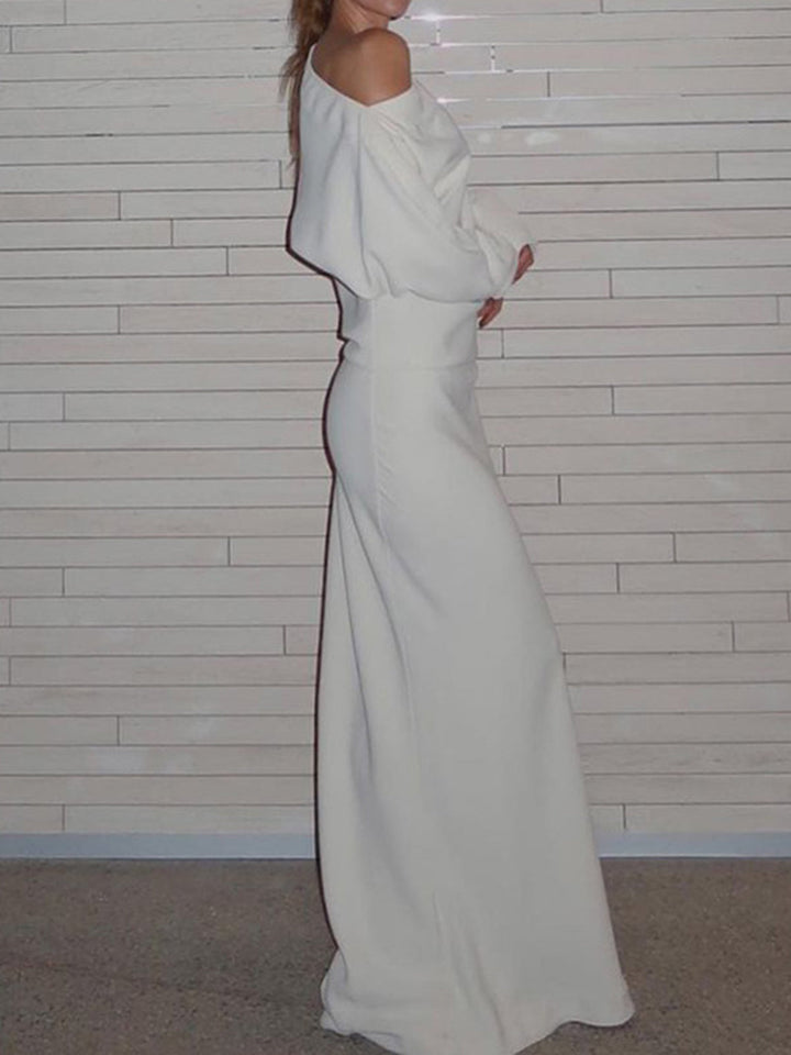 Asymmetrisches Maxikleid mit Carmen-Ausschnitt und langen Ärmeln, einfarbig