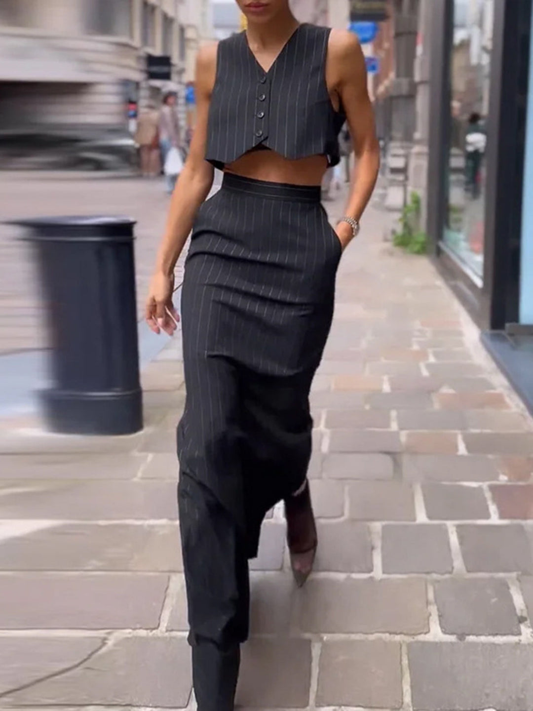Pinstripe Knopf Crop Zweiteiler Rock Set