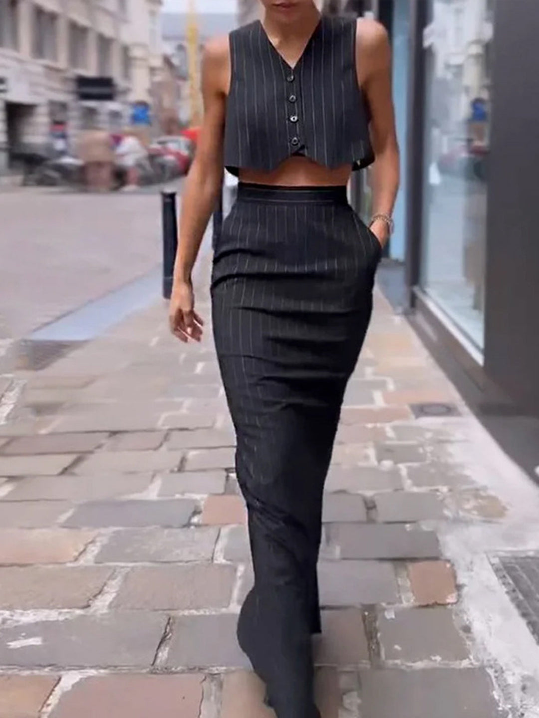 Pinstripe Knopf Crop Zweiteiler Rock Set