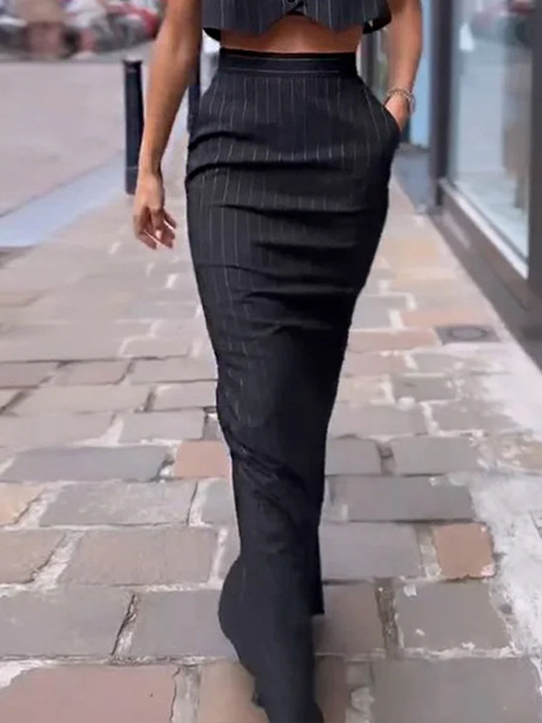 Pinstripe Knopf Crop Zweiteiler Rock Set