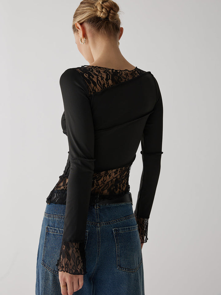 Solide Patchwork-Spitzen-Langarmtop