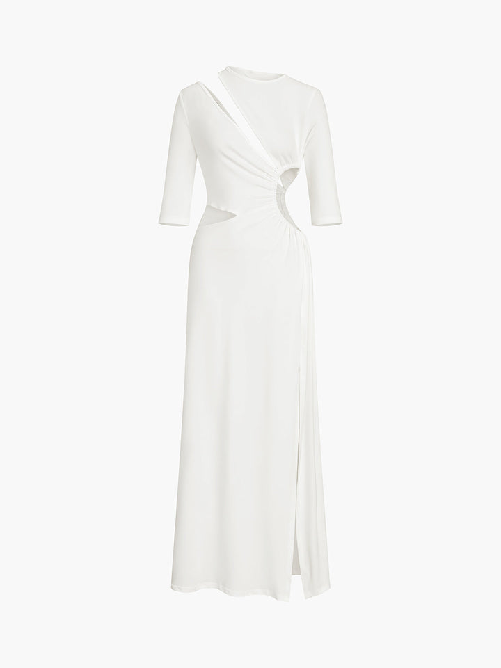 Cut Out Ruched Split Knit Maxi Kleid