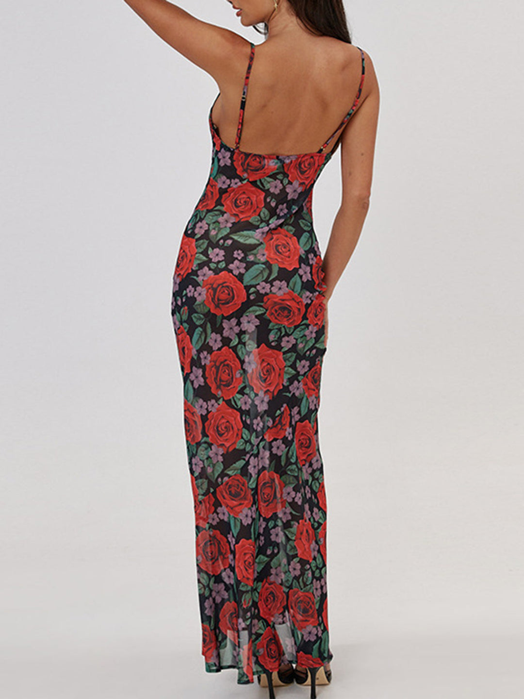 Halbdurchsichtiges Blumenmuster Cami Langkleid