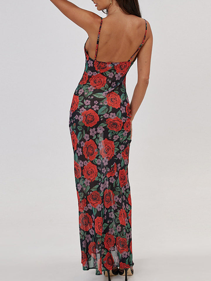 Halbdurchsichtiges Blumenmuster Cami Langkleid