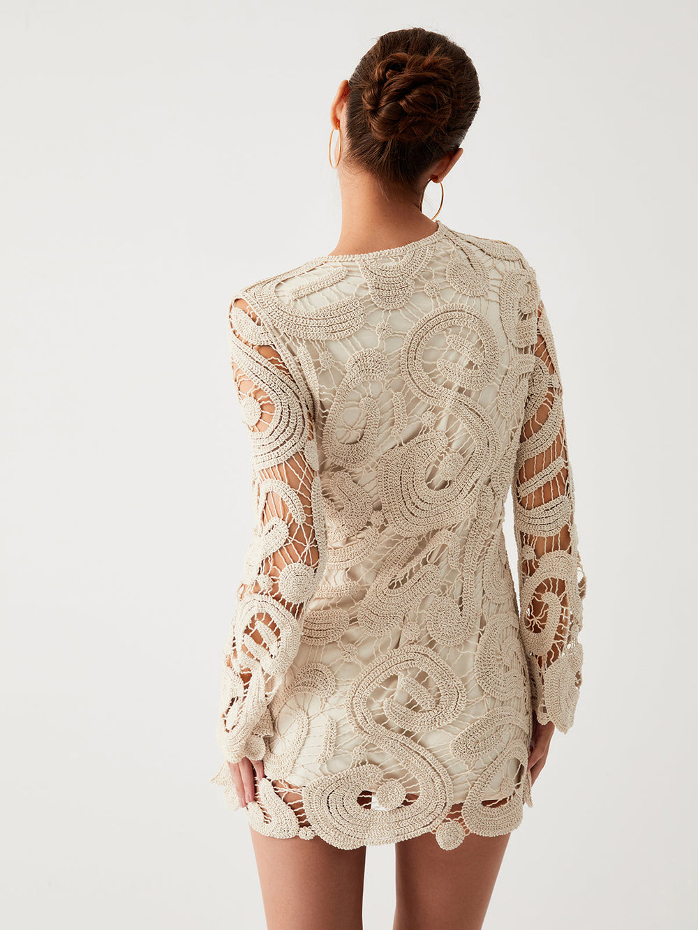 Häkel-Paisley-Langarm-Kurzes-Kleid