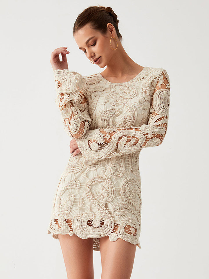 Häkel-Paisley-Langarm-Kurzes-Kleid