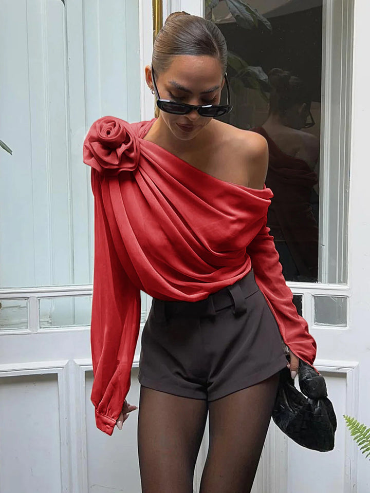 Chiffon Halbtransparentes One-Shoulder-Bluse mit asymmetrischem Schnitt