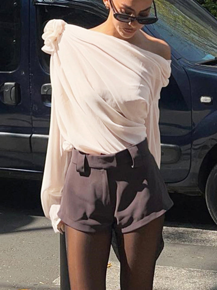 Chiffon Halbtransparentes One-Shoulder-Bluse mit asymmetrischem Schnitt