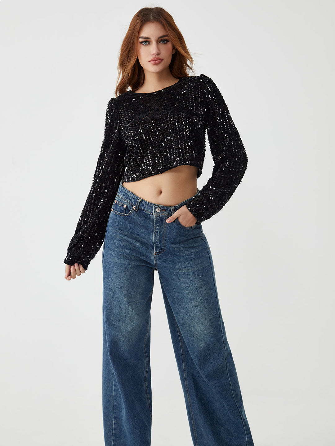 Pailletten-Langarm-Crop-Top-ohne-Rücken
