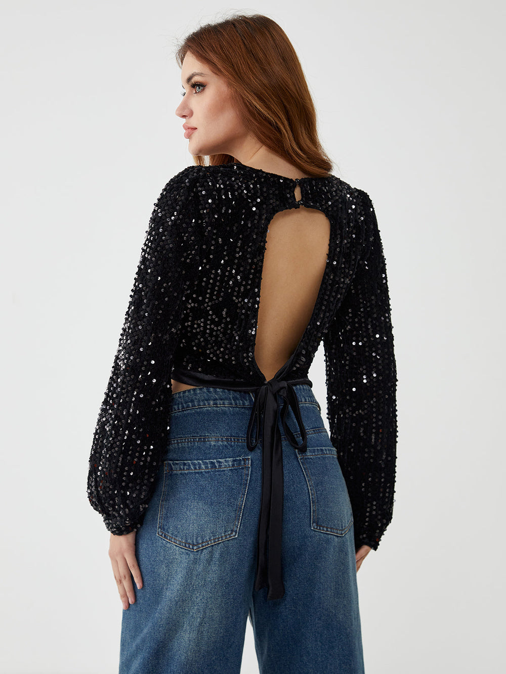 Pailletten-Langarm-Crop-Top-ohne-Rücken
