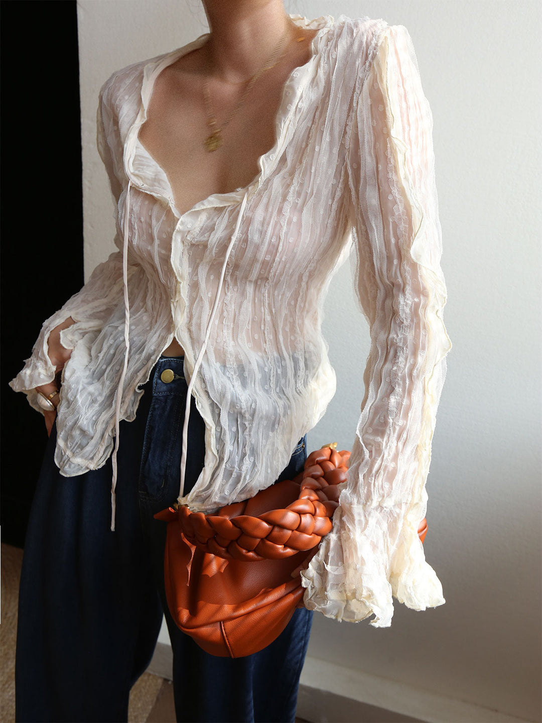 Chiffon Sheer Lettuce Trim Langarmbluse