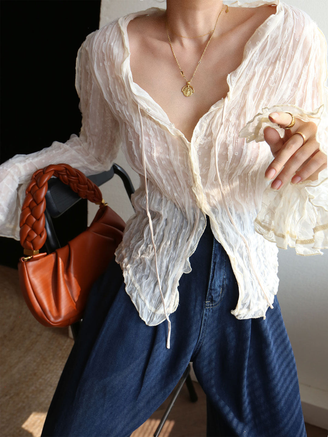 Chiffon Sheer Lettuce Trim Langarmbluse