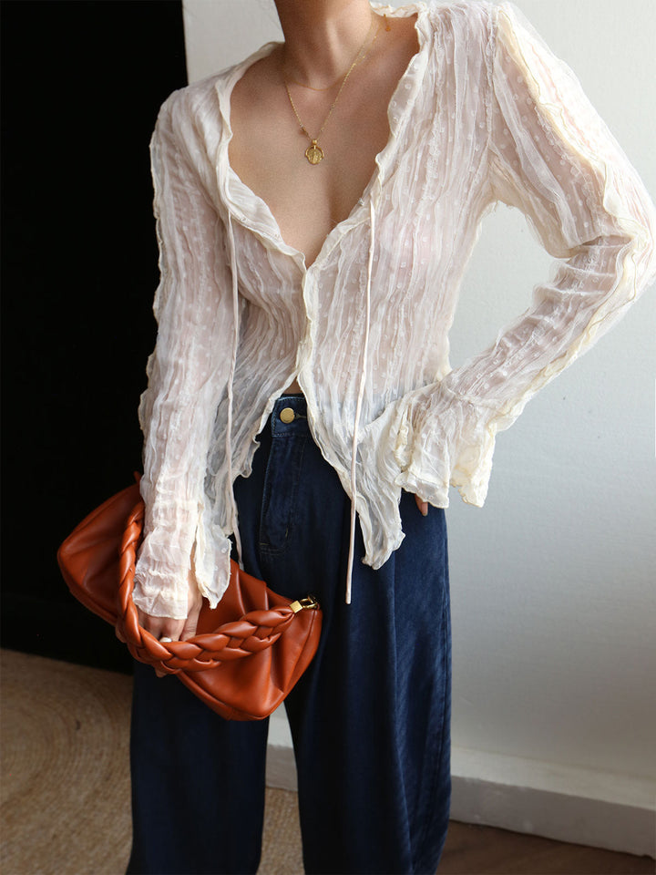 Chiffon Sheer Lettuce Trim Langarmbluse