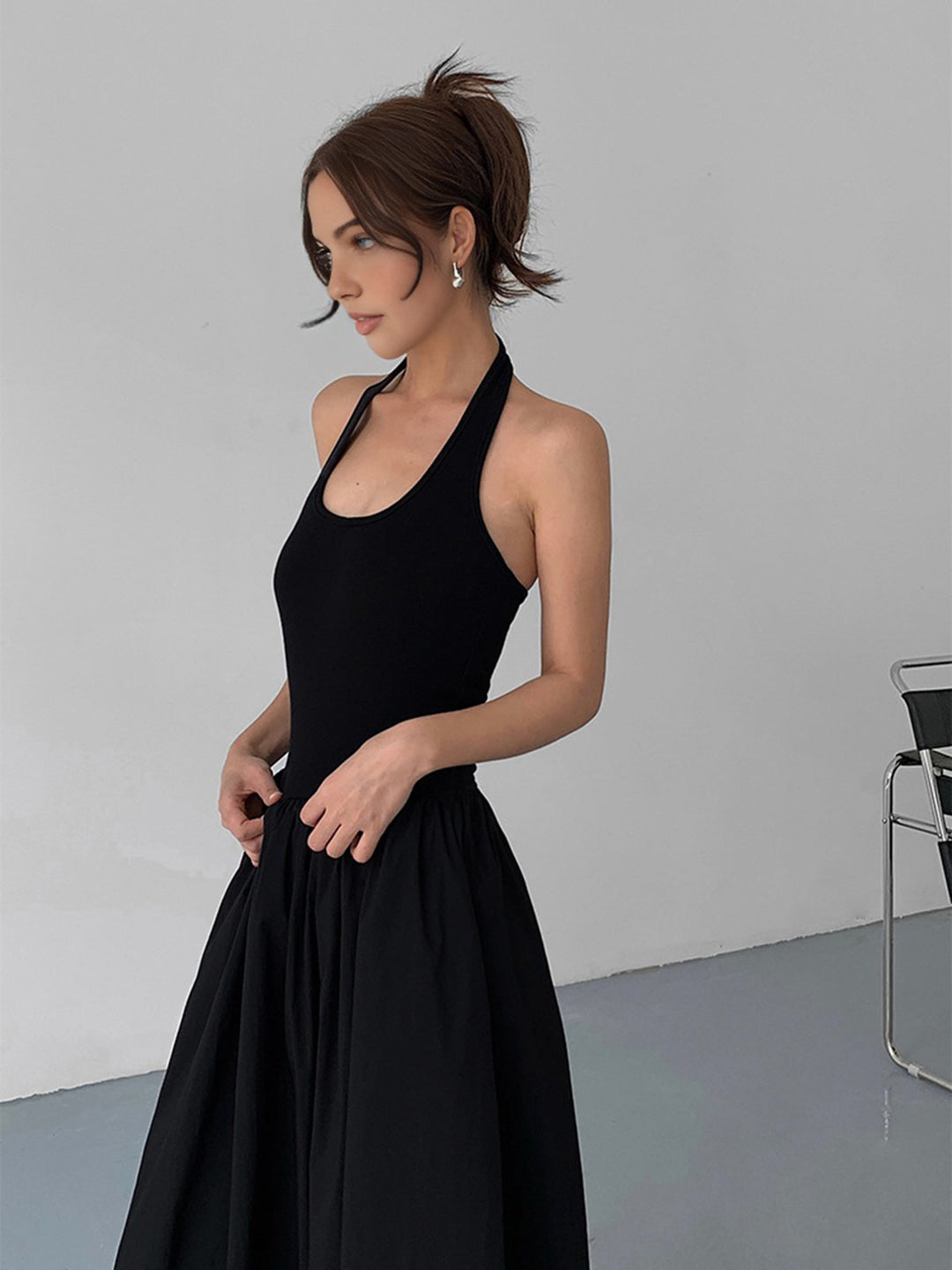 Minimalistische Halter-Rückenfreie Lange Kleid