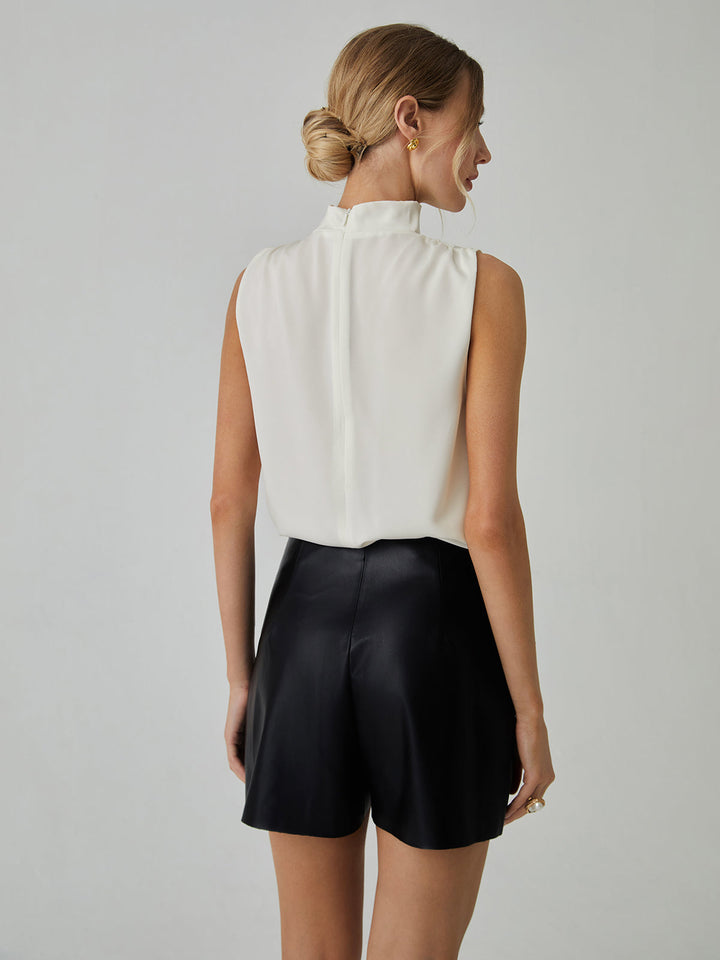 Plisse High Neck Ärmellose Bluse
