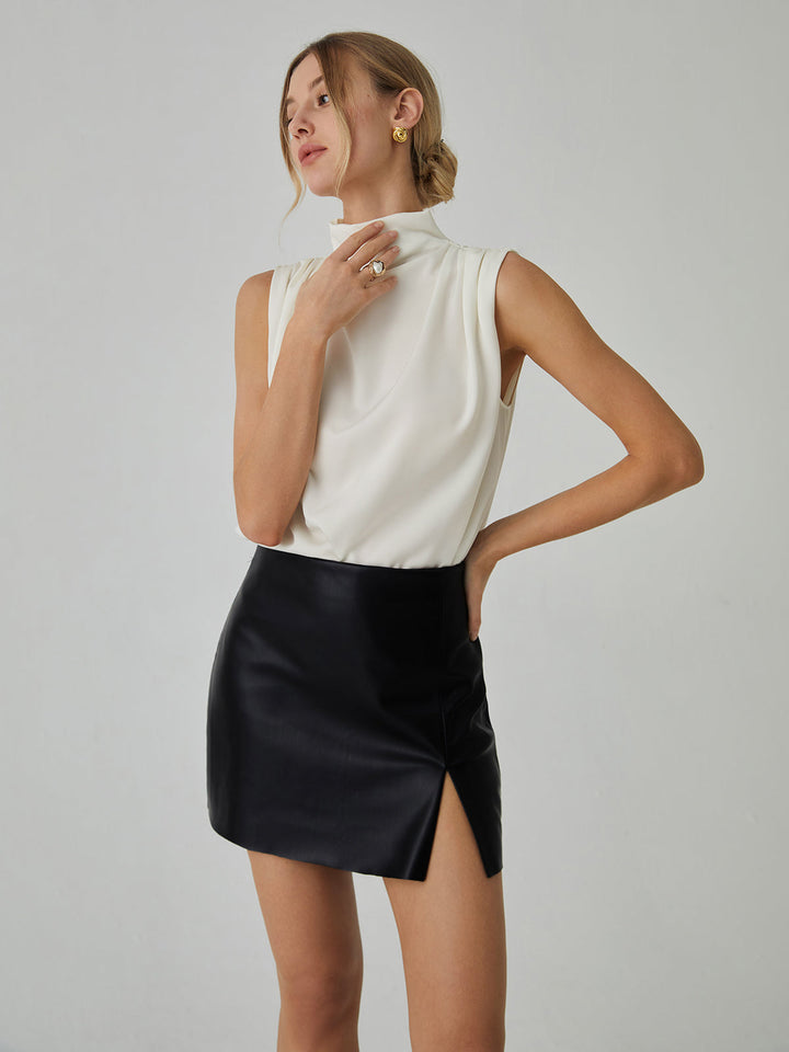 Plisse High Neck Ärmellose Bluse