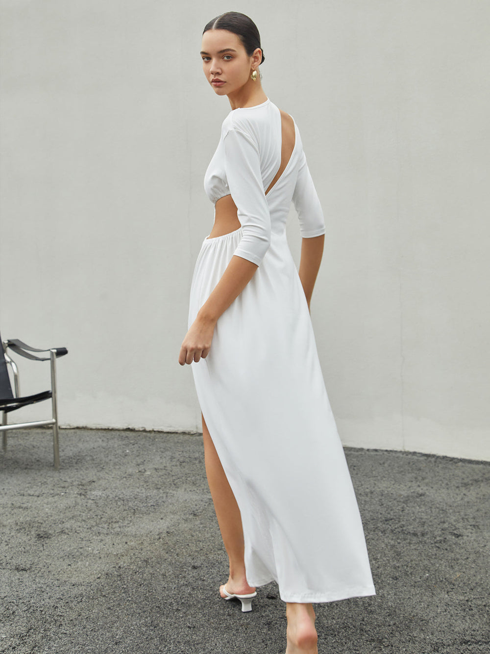 Cut Out Ruched Split Knit Maxi Kleid