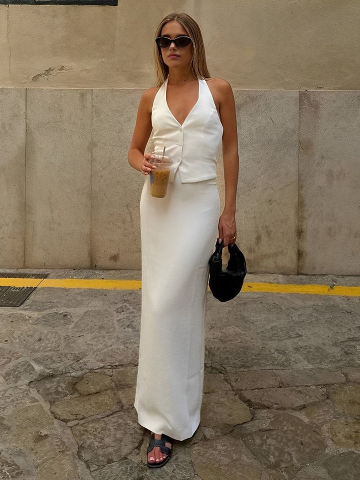 Einteiliges Kleid mit V-Ausschnitt, rückenfreiem Design, Schnürung und Maxirock mit Schlitz
