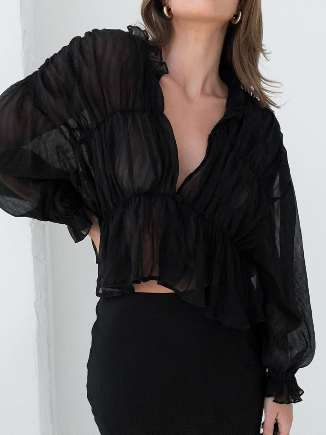 Sheer Chiffon Rüschen-Detail-Bluse