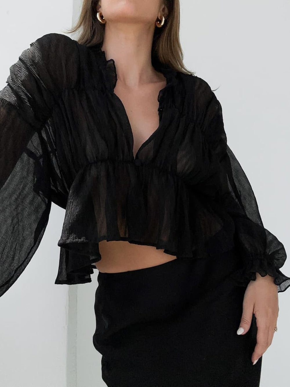 Sheer Chiffon Rüschen-Detail-Bluse