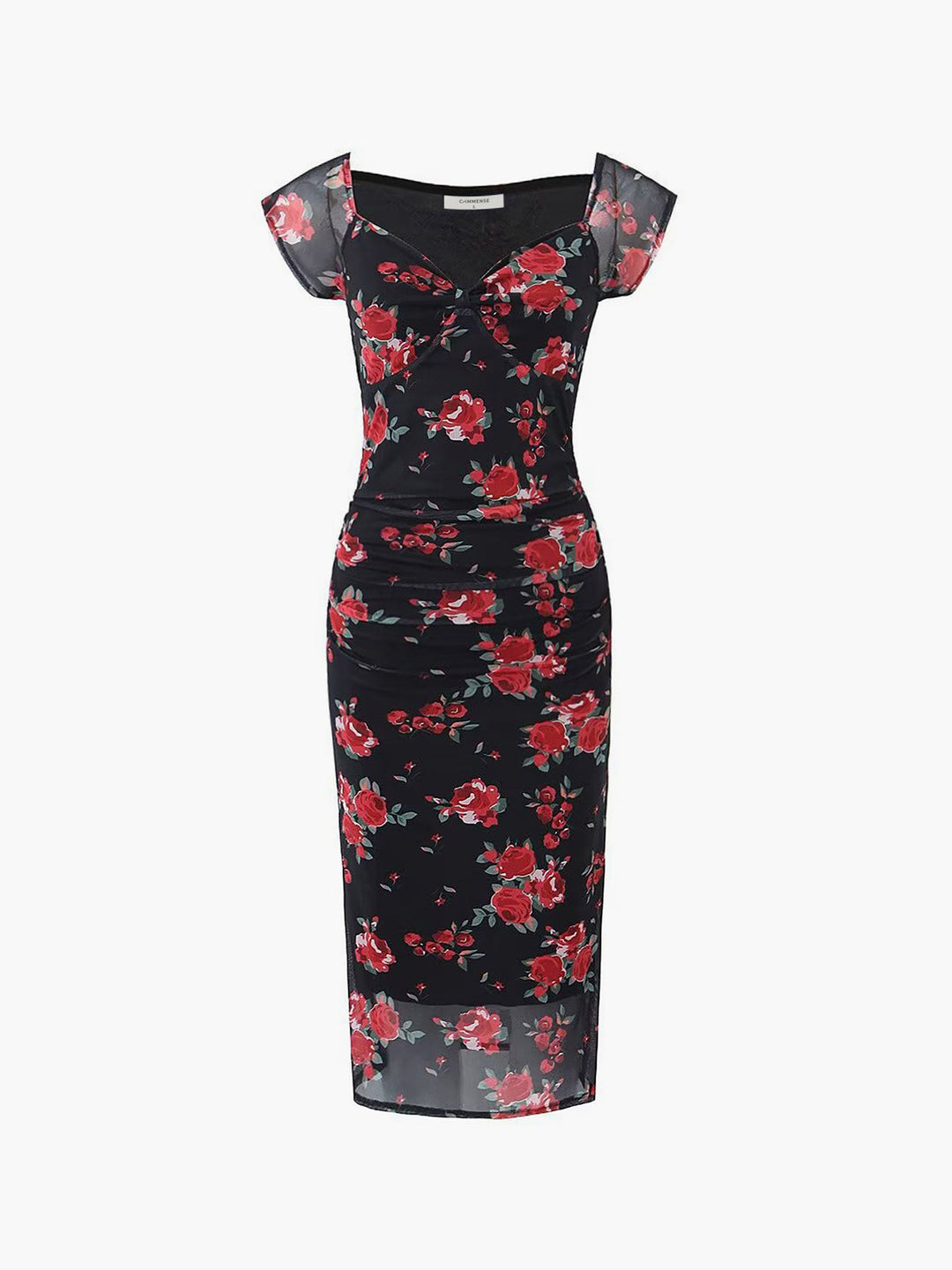 Semi-Sheer Floral Print Raff-Detail Midi-Kleid