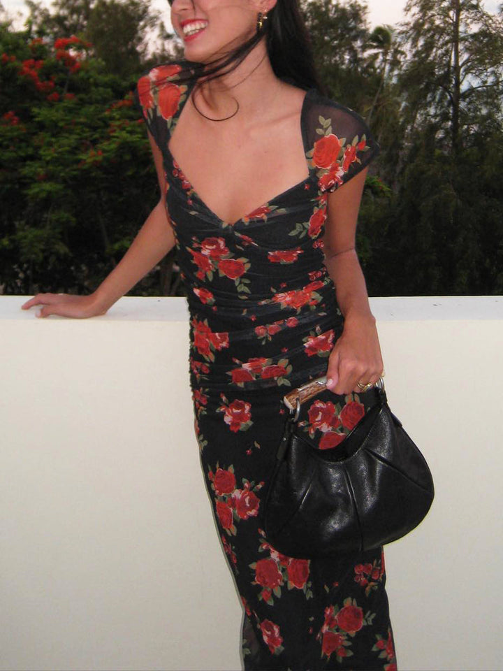 Semi-Sheer Floral Print Raff-Detail Midi-Kleid