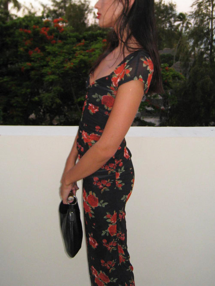 Semi-Sheer Floral Print Raff-Detail Midi-Kleid