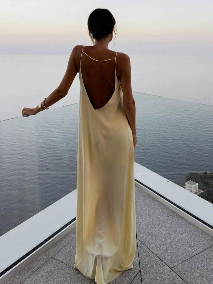 Rückenfreies Urlaubs-Satin-Langkleid