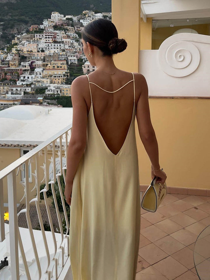 Rückenfreies Urlaubs-Satin-Langkleid