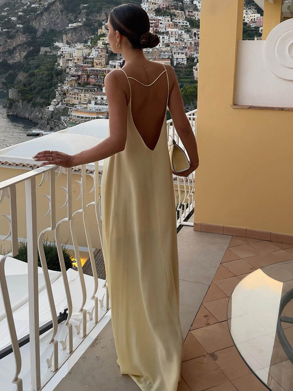 Rückenfreies Urlaubs-Satin-Langkleid