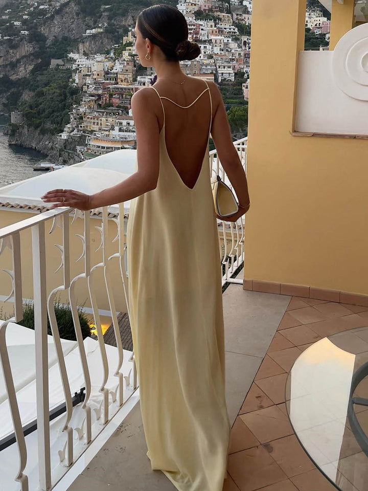 Rückenfreies Urlaubs-Satin-Langkleid